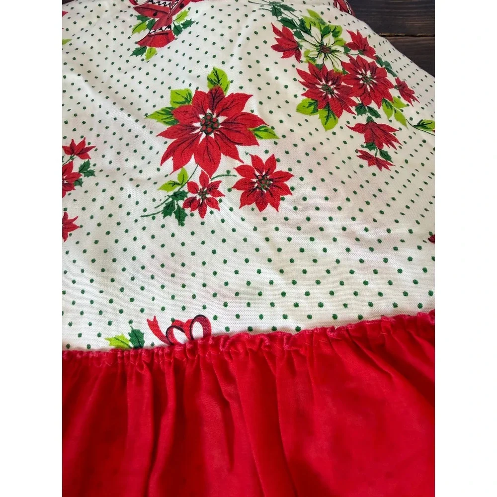 Vintage Christmas Tablecloth Poinsettia Polka Dot Red Ruffle Round 55 Inch